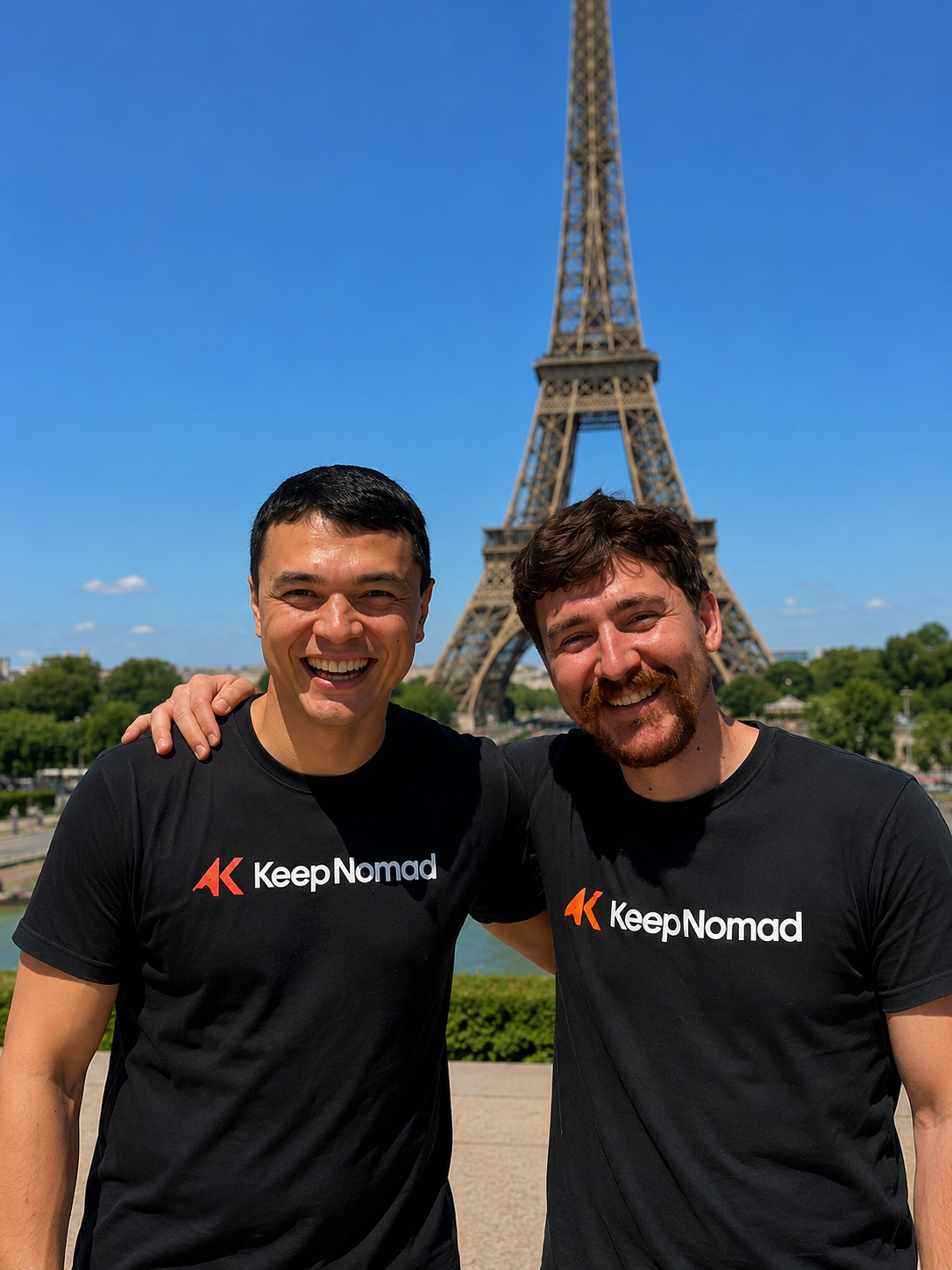 Igor e Franco, mentores da Keep Nomad, em frente à Torre Eiffel em Paris